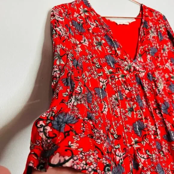 ba&sh Women's Red Floral Boho Babydoll Floral Print Smocked Mini Dress Size 2